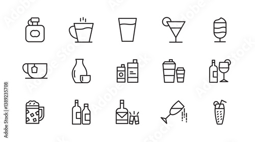 Drinks line icon set. Alcohol, cocktails, champagne, energy, coffee, tea, whiskey, wine, glasses, beer, bar outline icon collection. UI thin outline icon pack