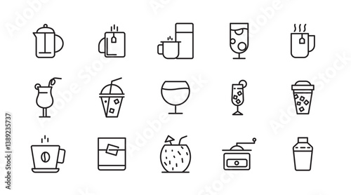 Drinks line icon set. Alcohol, cocktails, champagne, energy, coffee, tea, whiskey, wine, glasses, beer, bar outline icon collection. UI thin outline icon pack