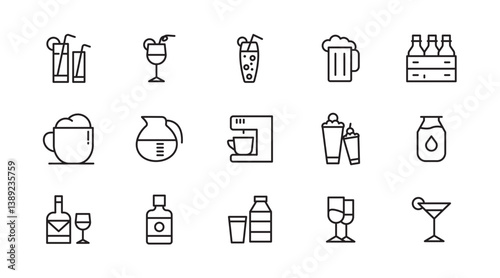 Drinks line icon set. Alcohol, cocktails, champagne, energy, coffee, tea, whiskey, wine, glasses, beer, bar outline icon collection. UI thin outline icon pack