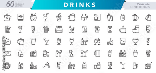 Drinks line icon set. Alcohol, cocktails, champagne, energy, coffee, tea, whiskey, wine, glasses, beer, bar outline icon collection. UI thin outline icon pack