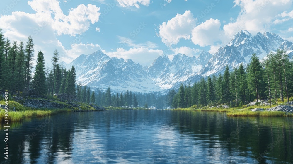 Mountain range and lake in the foreground with serene scenery Mountain range and lake in the foreground with serene scenery