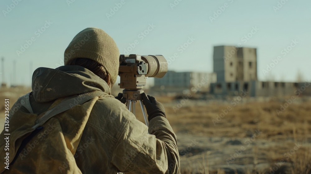 A surveyor measuring land with a theodolite at a construction site. Featuring precision and focus A surveyor measuring land with a theodolite at a construction site. Featuring precision and focus