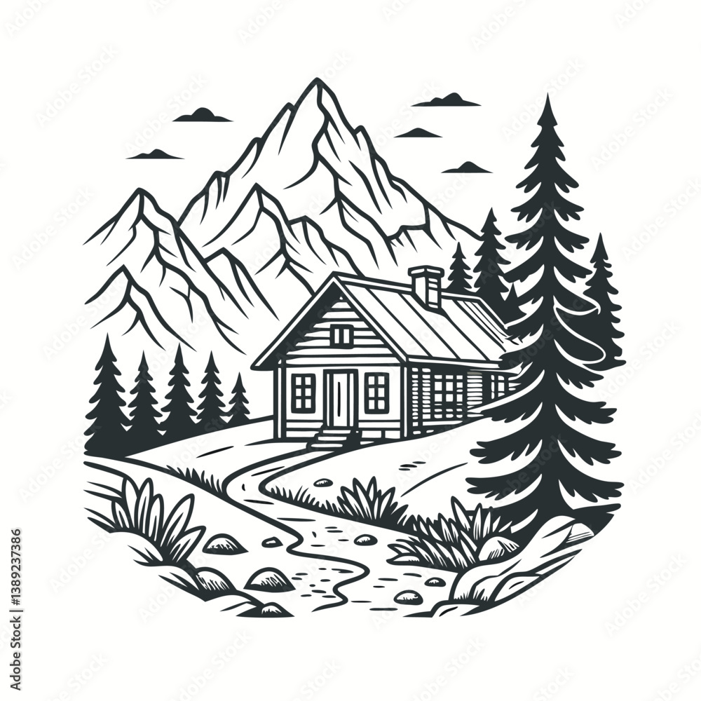 Fototapeta premium Retro Vintage Style Cabin, Mountain, and Pine Tree Line Art T-Shirt Design