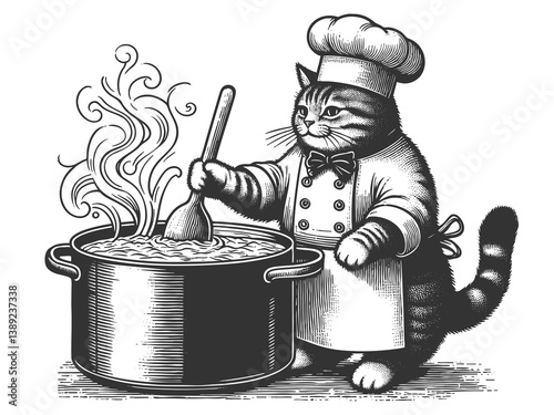 Cat Chef Cooking Soup in a Pot raster illustration