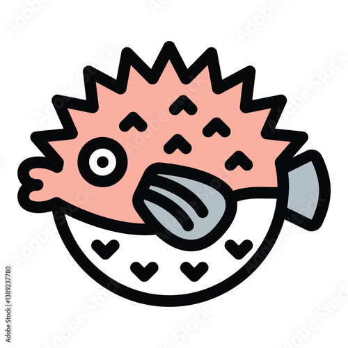 Puffer fish icon flat line style illustration representing a spiky, inflated fish, suitable for marine life, ocean conservation, and aquatic themes.