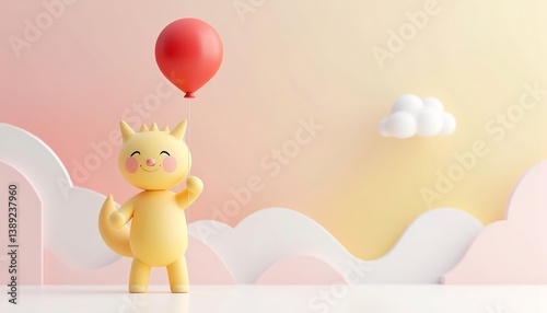 Cute Cartoon Character Holding Balloon Illustration On Pastel Background