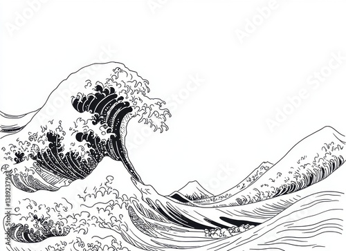 Black and white line art drawing of the Great Wave, coloring book style, vector illustration, simple design, no shading or color depth, white background