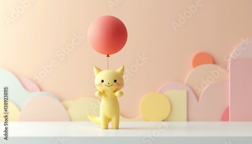 Cute Yellow Cat Holding A Red Balloon In A Pastel Colored Scene