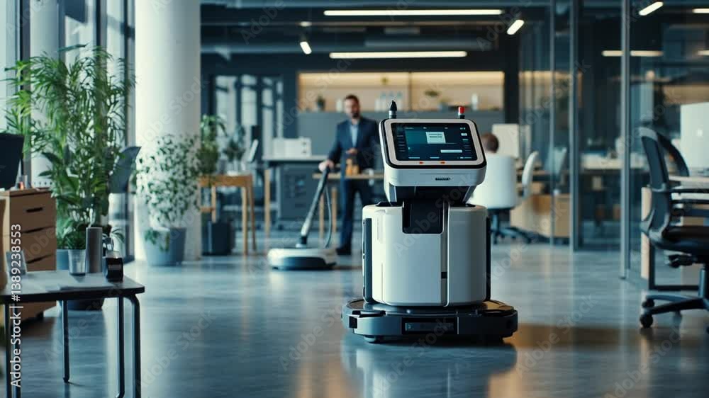 Innovative office cleaning: Autonomous robotic cleaner navigates a modern workspace for hygiene