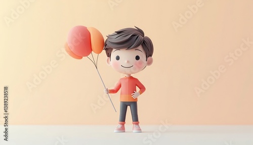 3D Render Of Boy Holding Balloons On A Soft Pastel Background