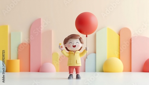 Cheerful Cartoon Girl Holding A Balloon With Colorful Geometric Shapes In The Background