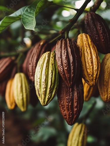 Beautifully textured cacao pods in various colors hanging from a lush tree branch in nature : Generative AI