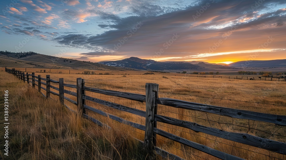 Picturesque sunrise over a fenced ranch with rolling hills and vibrant sky