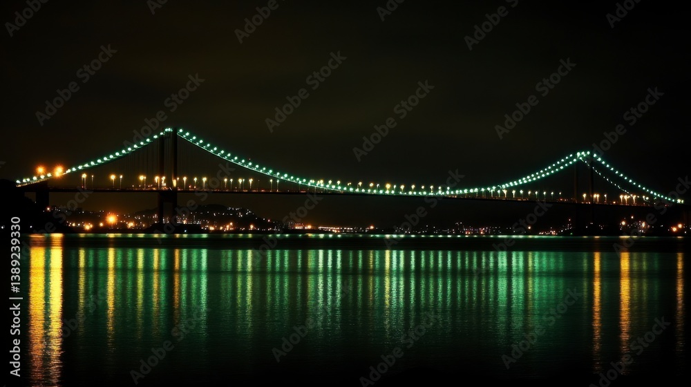 Fototapeta premium Illuminated Suspension Bridge at Night Reflecting on Water Surface