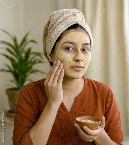 Woman applying multani mitti face pack – home Ayurvedic skincare