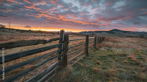 Picturesque sunrise over a fenced ranch with rolling hills and vibrant sky