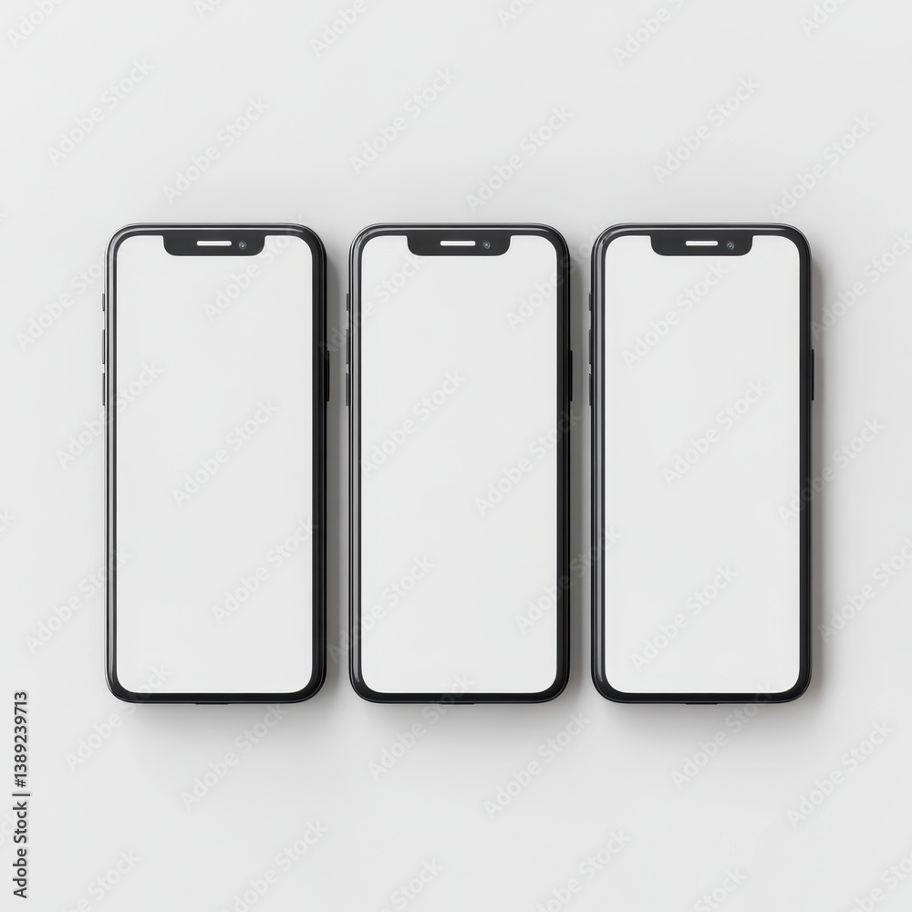 Three Mobile Phones with Blank Screens for App Mockup Displays Three Mobile Phones with Blank Screens for App Mockup Displays