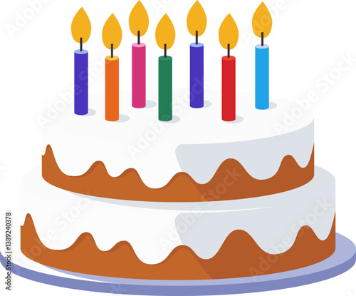 Vector illustration of birthday cake. Two-tier birthday cake with candles isolated on transparent background.
