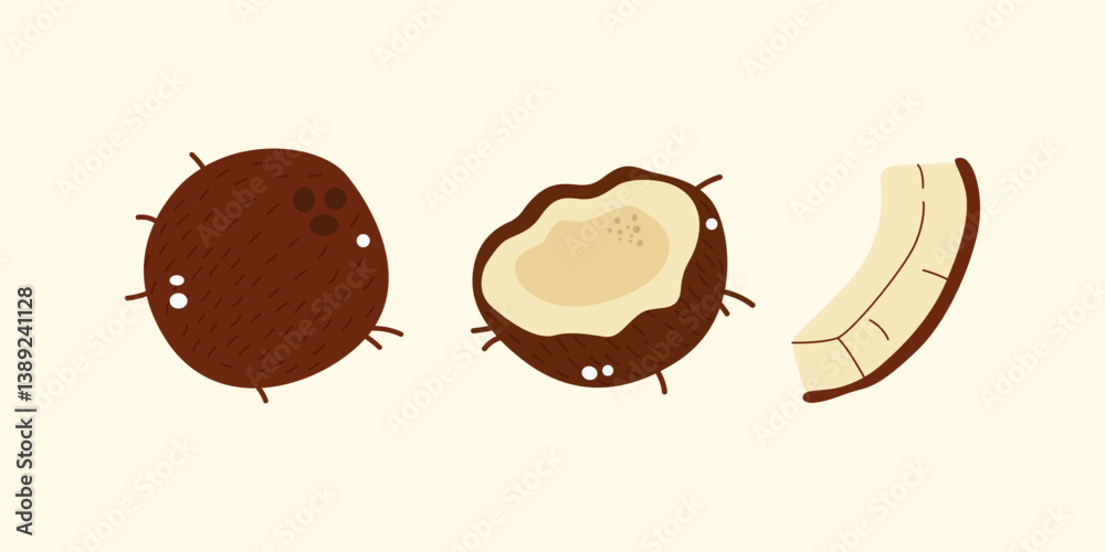 Fototapeta premium Tropical coconut clipart. Set of whole coconut and slices. Fresh, juicy and organic tropical fruits. Fruits vector illustration in cartoon retro style