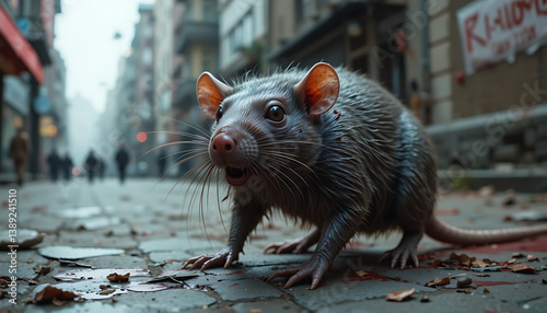 Urban encounter with an ugly rat a street view in a gritty city environment