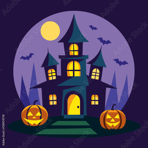 halloween background with house and pumpkin Haunted House with Glowing Jack-o'-Lanterns – Spooky Halloween Vector Design