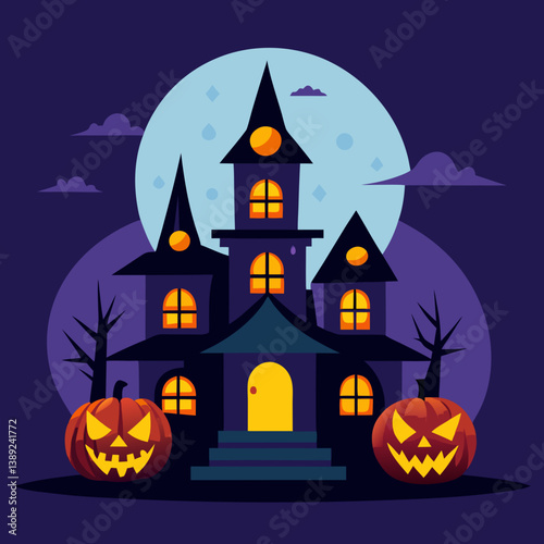 halloween background with house and pumpkin Haunted House with Glowing Jack-o'-Lanterns – Spooky Halloween Vector Design