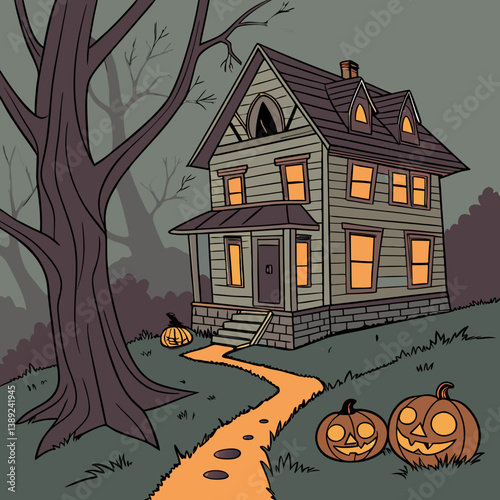 halloween background with house and pumpkin Haunted House with Glowing Jack-o'-Lanterns – Spooky Halloween Vector Design