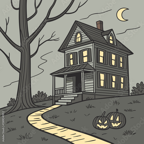 halloween background with house and pumpkin Haunted House with Glowing Jack-o'-Lanterns – Spooky Halloween Vector Design