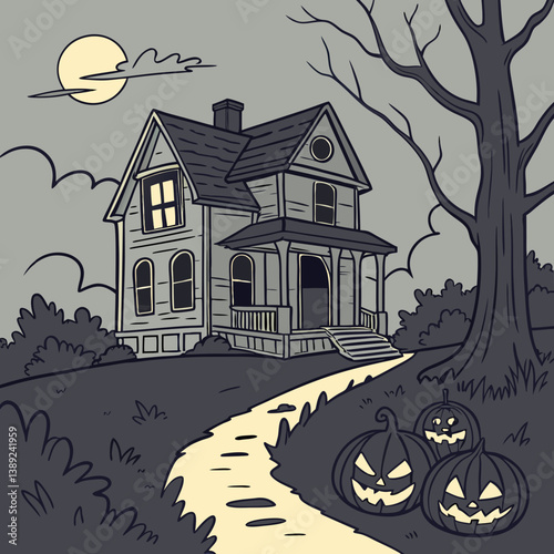 halloween background with house and pumpkin Haunted House with Glowing Jack-o'-Lanterns – Spooky Halloween Vector Design