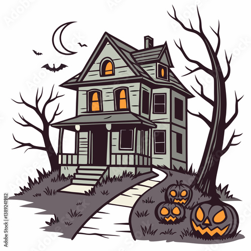 halloween background with house and pumpkin Haunted House with Glowing Jack-o'-Lanterns – Spooky Halloween Vector Design