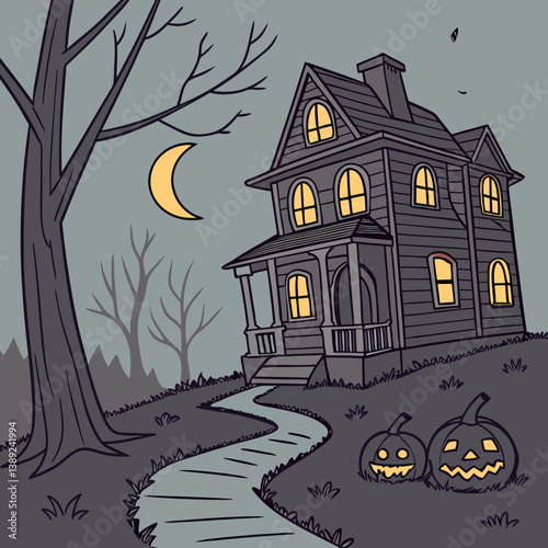 halloween background with house and pumpkin Haunted House with Glowing Jack-o'-Lanterns – Spooky Halloween Vector Design