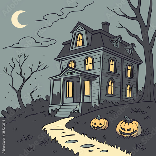 halloween background with house and pumpkin Haunted House with Glowing Jack-o'-Lanterns – Spooky Halloween Vector Design