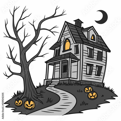 halloween background with house and pumpkin Haunted House with Glowing Jack-o'-Lanterns – Spooky Halloween Vector Design
