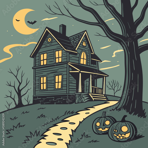 halloween background with house and pumpkin Haunted House with Glowing Jack-o'-Lanterns – Spooky Halloween Vector Design