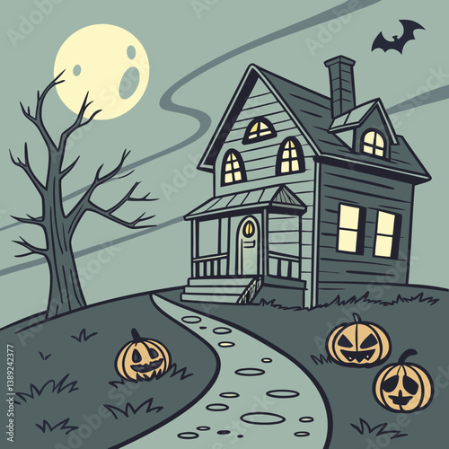 halloween background with house and pumpkin Haunted House with Glowing Jack-o'-Lanterns – Spooky Halloween Vector Design