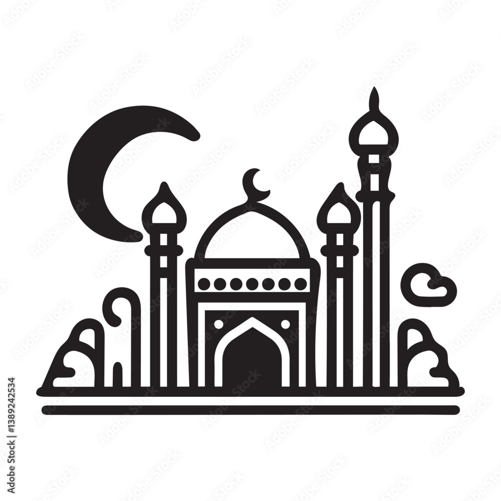 Taj Mahal vector illustration of an iconic mosque building with silhouette design symbolizing architecture, travel, and Indian heritage in a vintage style