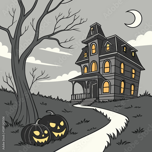 halloween background with house and pumpkin Haunted House with Glowing Jack-o'-Lanterns – Spooky Halloween Vector Design