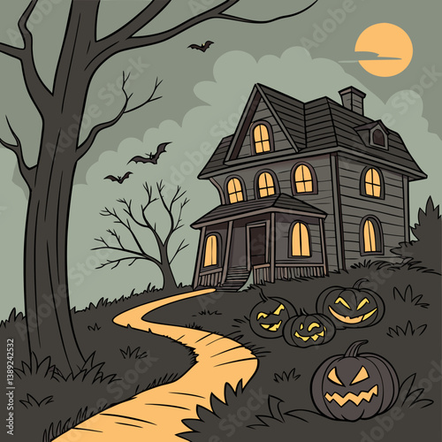 halloween background with house and pumpkin Haunted House with Glowing Jack-o'-Lanterns – Spooky Halloween Vector Design