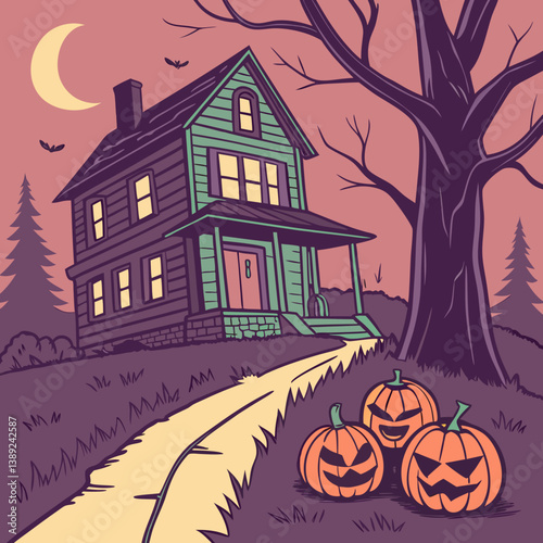 halloween background with house and pumpkin Haunted House with Glowing Jack-o'-Lanterns – Spooky Halloween Vector Design