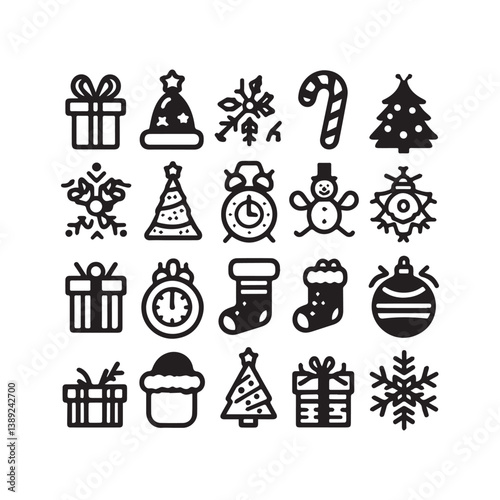 Set of Christmas icons including tree, gift, snowman, star, bell, candy, snowflake, and more for holiday celebration and decoration