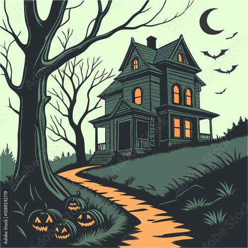 halloween background with house and pumpkin Haunted House with Glowing Jack-o'-Lanterns – Spooky Halloween Vector Design