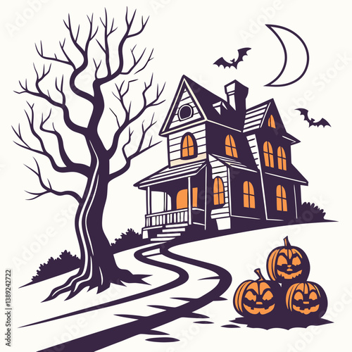 halloween background with house and pumpkin Haunted House with Glowing Jack-o'-Lanterns – Spooky Halloween Vector Design