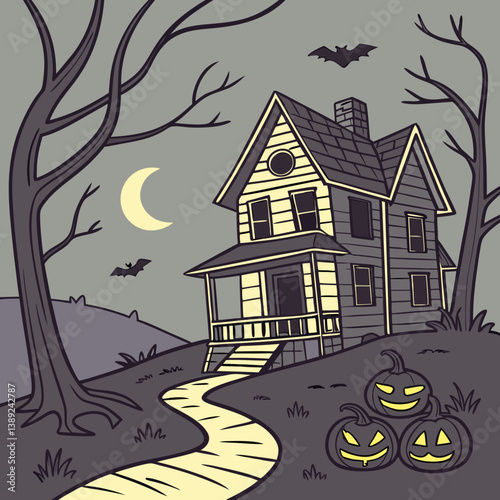 halloween background with house and pumpkin Haunted House with Glowing Jack-o'-Lanterns – Spooky Halloween Vector Design