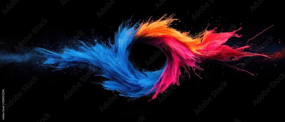 Fototapeta premium Abstract colorful powder explosion on black background, vibrant holi paint swirling in a dynamic circular motion, creating a mesmerizing artistic effect