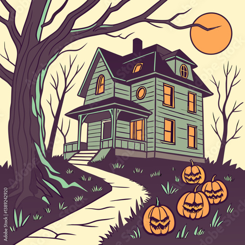 halloween background with house and pumpkin Haunted House with Glowing Jack-o'-Lanterns – Spooky Halloween Vector Design
