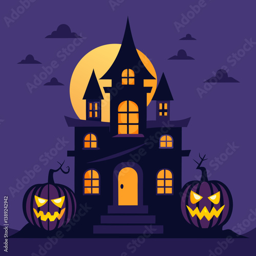 halloween background with house and pumpkin Haunted House with Glowing Jack-o'-Lanterns – Spooky Halloween Vector Design