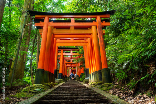 Obraz na płótnie Red thousand of traditional gates or torii in Fushimi Inari Taisha with Fushimi Ward, Kyoto, Japan w salonie