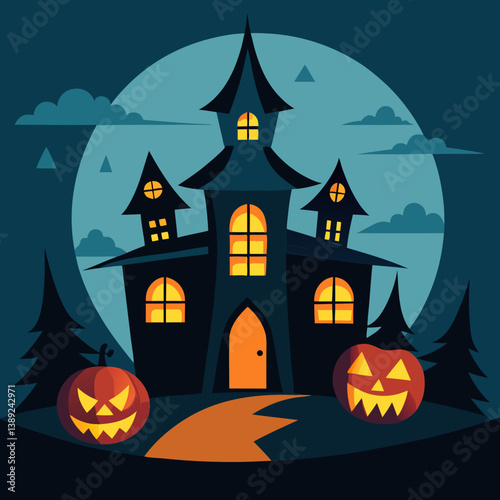 halloween background with house and pumpkin Haunted House with Glowing Jack-o'-Lanterns – Spooky Halloween Vector Design