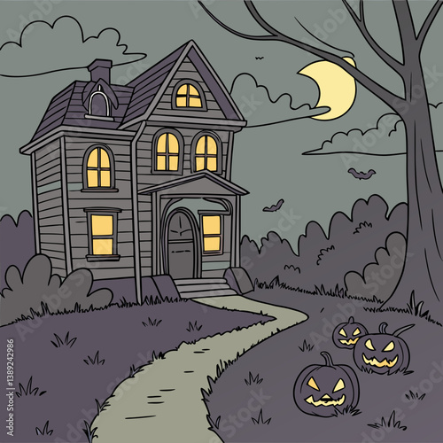 halloween background with house and pumpkin Haunted House with Glowing Jack-o'-Lanterns – Spooky Halloween Vector Design