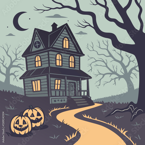 halloween background with house and pumpkin Haunted House with Glowing Jack-o'-Lanterns – Spooky Halloween Vector Design